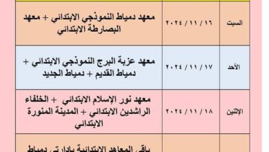 منطقة دمياط الأزهرية جدول المرحلة الأولية لمسابقة الأزهر للقرآن الكريم للعام الدراسي 1446هـ /2024-2025م