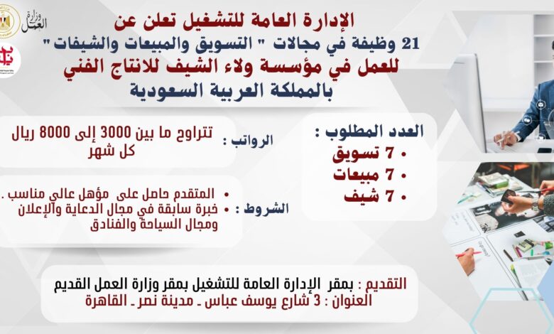 وزراة العمل تعلن عن فرص وظيفة بالسعودية براتب 8000 ريال سعودي