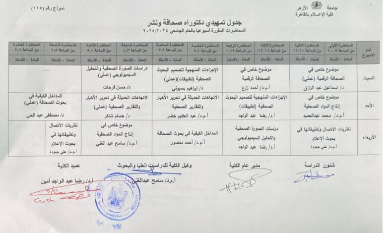 كلية الإعلام جامعة الأزهر: جداول محاضرات التمهيدي (ماجستير ودكتوراه) لجميع الأقسام