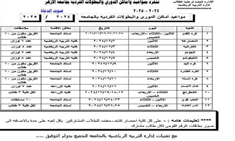 جامعة الأزهر ، الإدارة العامة لرعاية الطلاب – إدارة التربية الرياضية، ننفرد بمواعيد وأماكن الدوري والبطولات الفردية بجامعة الأزهر 2024 – 2025