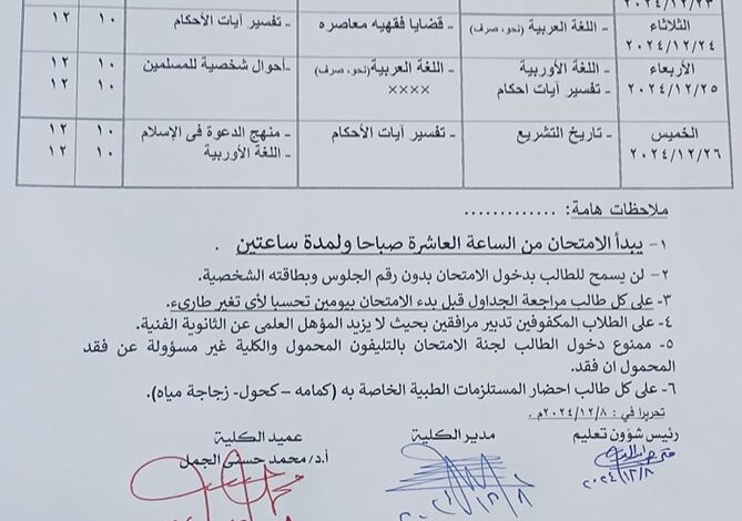 كلية الدراسات بدمياط جامعة الأزهر : جداول امتحانات التخلف للفصل الدراسي الأول، للعام الجامعي ٢٠٢٥/٢٠٢٤