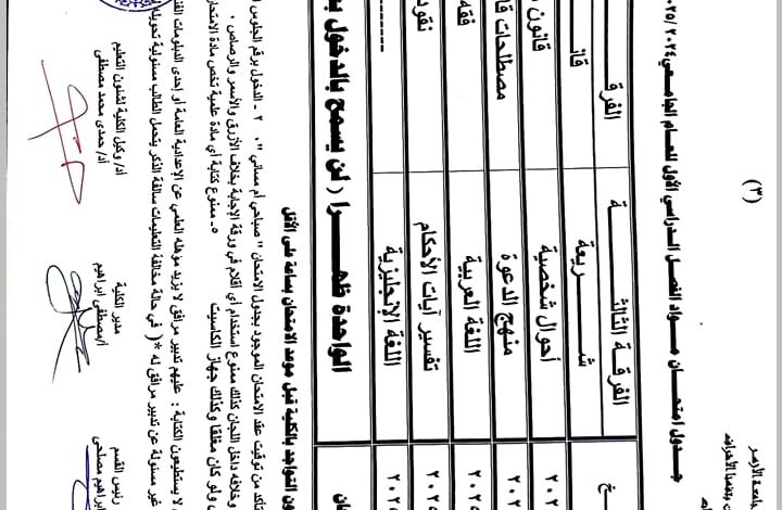 كلية الشريعة والقانون بتفهنا الأشراف بالدقهلية: جداول امتحانات الفصل الدراسي الأول (2024 /2025) للكلية والمعهد