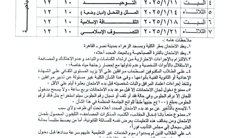 كلية الدعوة الإسلامية: جدول اختبارات جميع الفرق والتخلفات للفصل الدراسي الأول 2024- 2025