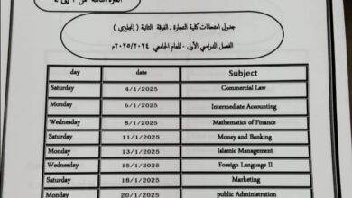 جامعة الأزهر كلية التجارة بنات شعبة اللغة الانجليزية : جداول امتحانات الفصل الدراسي الأول للعام الجامعي 2025.2024