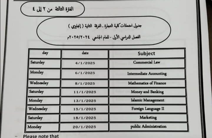 جامعة الأزهر كلية التجارة بنات شعبة اللغة الانجليزية : جداول امتحانات الفصل الدراسي الأول للعام الجامعي 2025.2024