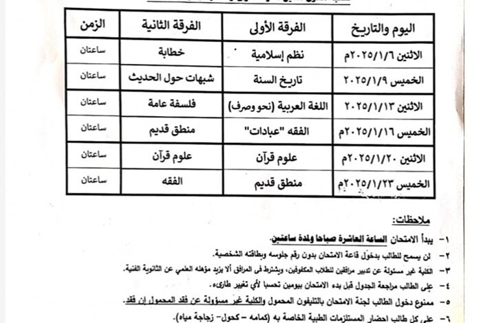 كلية الدراسات الإسلامية والعربية بنين بدمياط الجديدة جامعة الأزهر : جداول امتحانات الفصل الدراسي الأول للعام الجامعي ٢٠٢٥/٢٠٢٤م، مع دعواتنا لأبنائنا الطلاب بالتوفيق والسداد والنجاح.