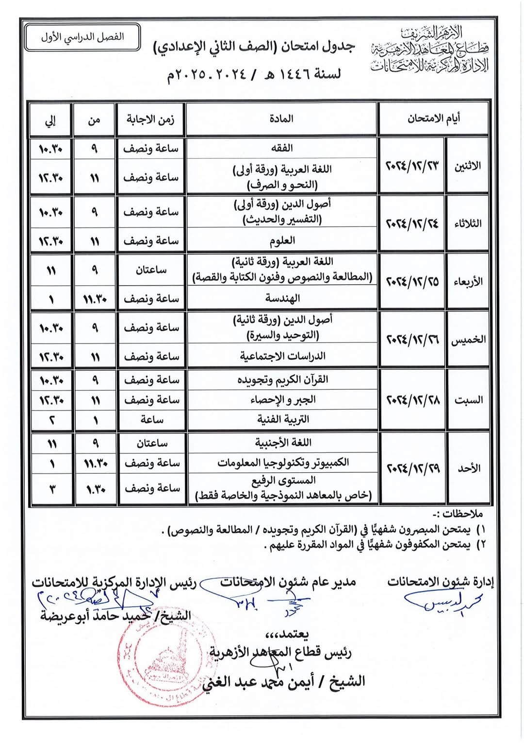 رسميا : بالجدول الرسمي غدا بدء امتحانات الفصل الدراسي الأول للصفين الأول والثاني الإعدادي بالأزهر