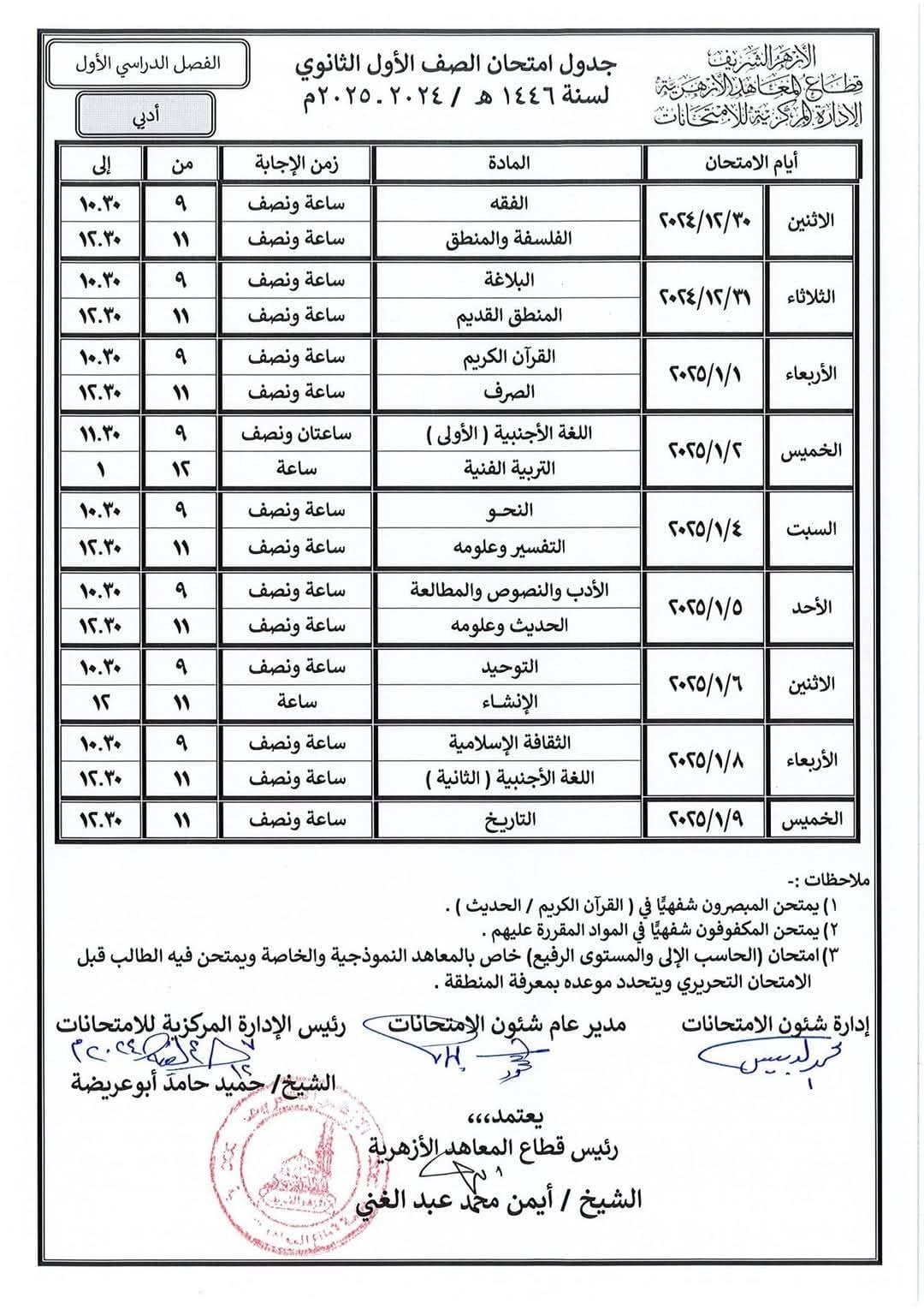 غدا.. بدء امتحانات الصفين الأول والثاني الثانوي الأزهرى الأدبي والعلمي للفصل الدراسي الاول للعام الدراسي 2024/2025