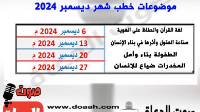 خطب شهر ديسمبر 2024 ، 1- لغة القرآن والحفاظ على الهوية، 2- صناعة العقول وأثرها في بناء الإنسان ، 3- الطفولة بناء وأمل ، 4- المخدرات ضياع للإنسان